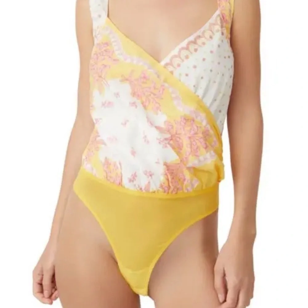 Free People Sweet Thing Mixed Print Bodysuit Marigold Combo Small NWOT - Picture 5 of 7